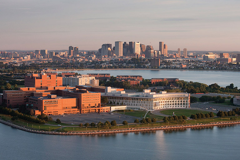 Photo of University of Massachusetts Boston campus shows it is located on the water